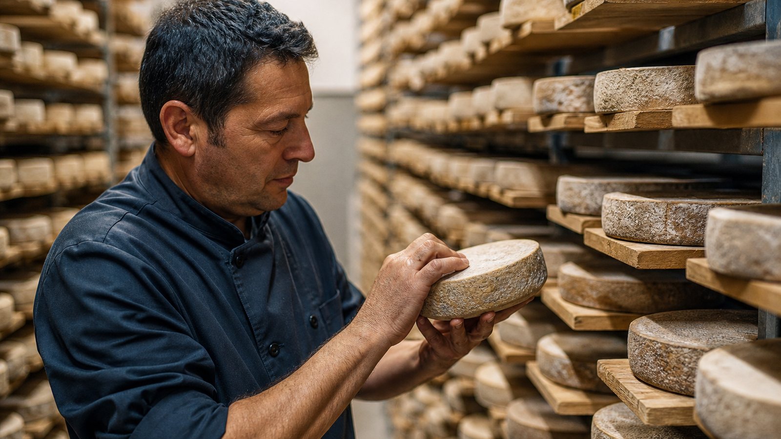 Meules de fromage posées sur des planches de bois en cave d'affinage