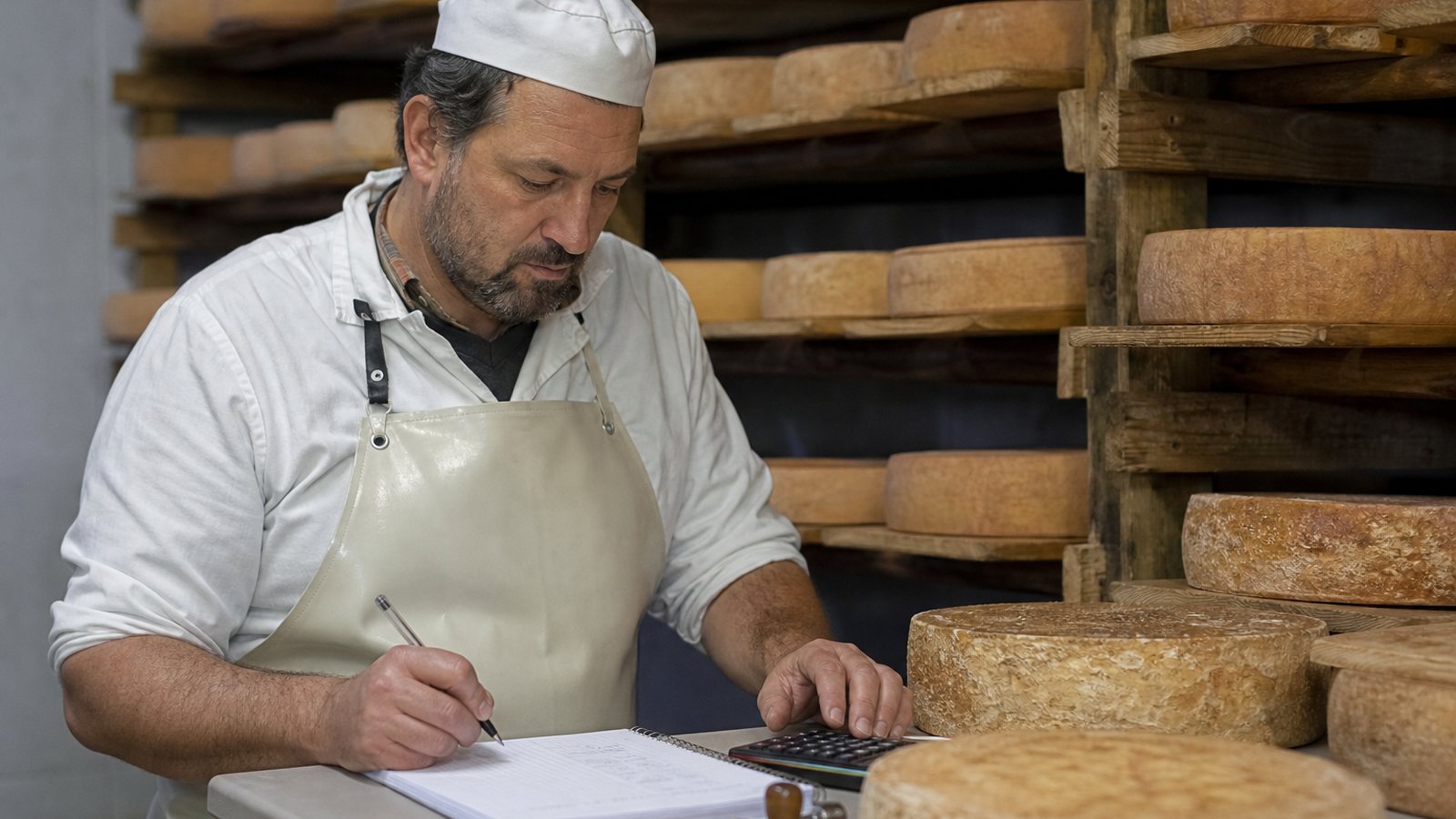 Fromager chiffrant le coût de revient de ses meules dans son atelier