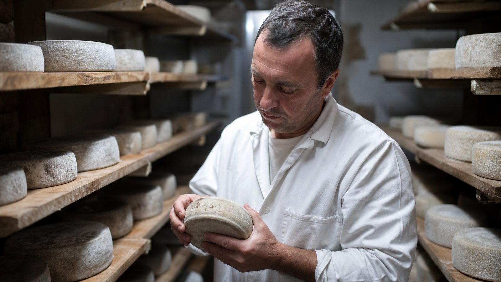 Fromager saisissant le suivi de ses lots sur une tablette en cave