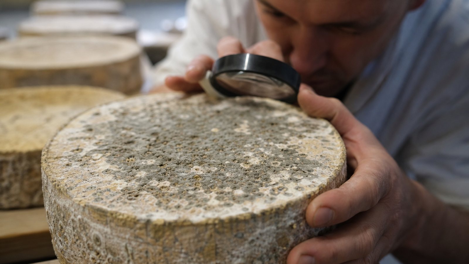 Croûte de fromage marquée de taches inhabituelles observée par un fromager en cave