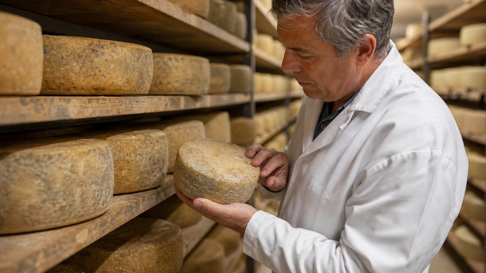 Plusieurs salles d'affinage remplies de fromages variés dans une fromagerie