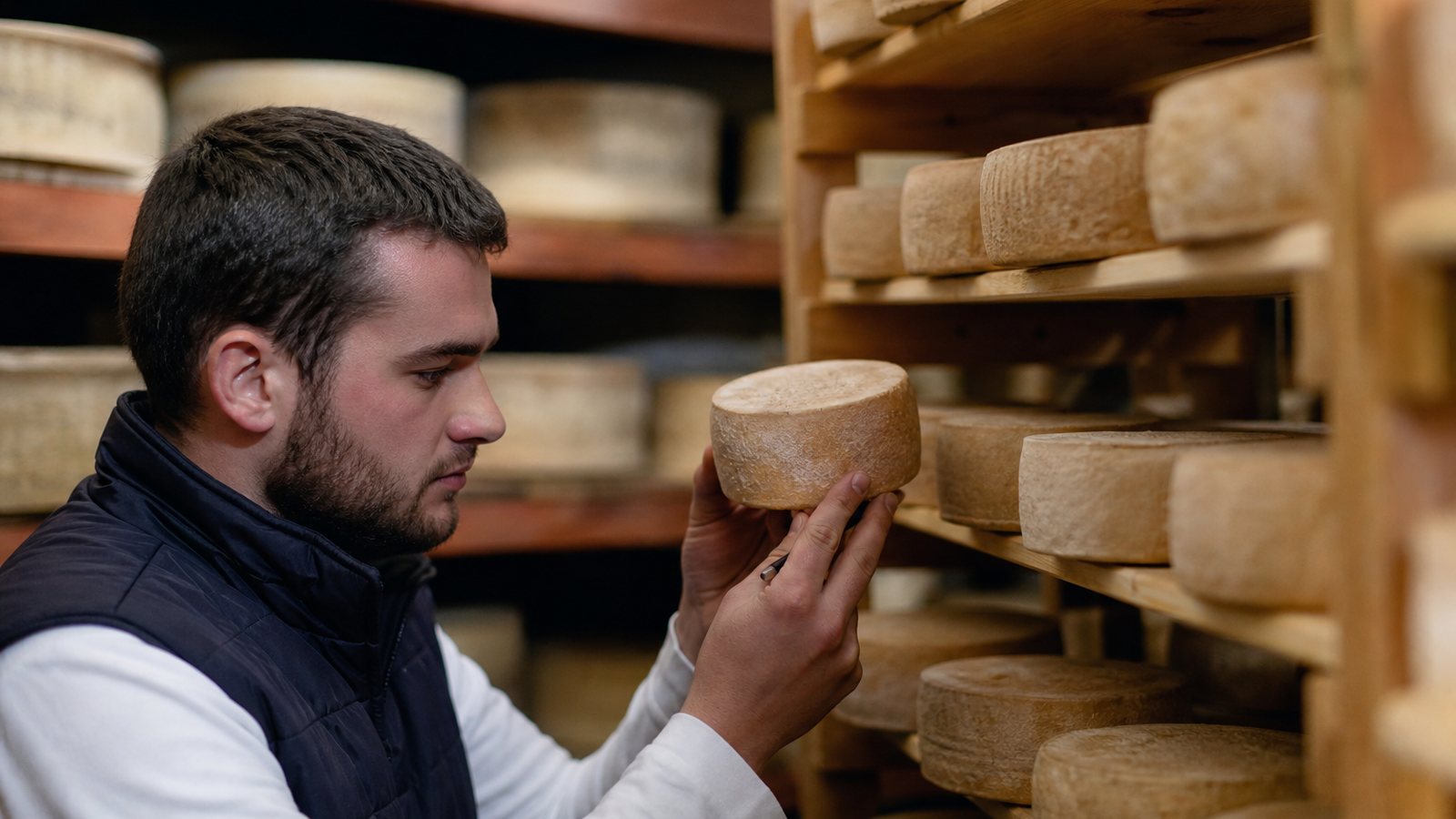 Fromages oubliés au fond d'une étagère de cave d'affinage encombrée