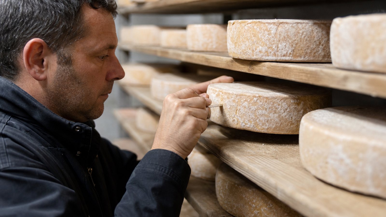 Fromager évaluant la maturité d'une meule au toucher en cave