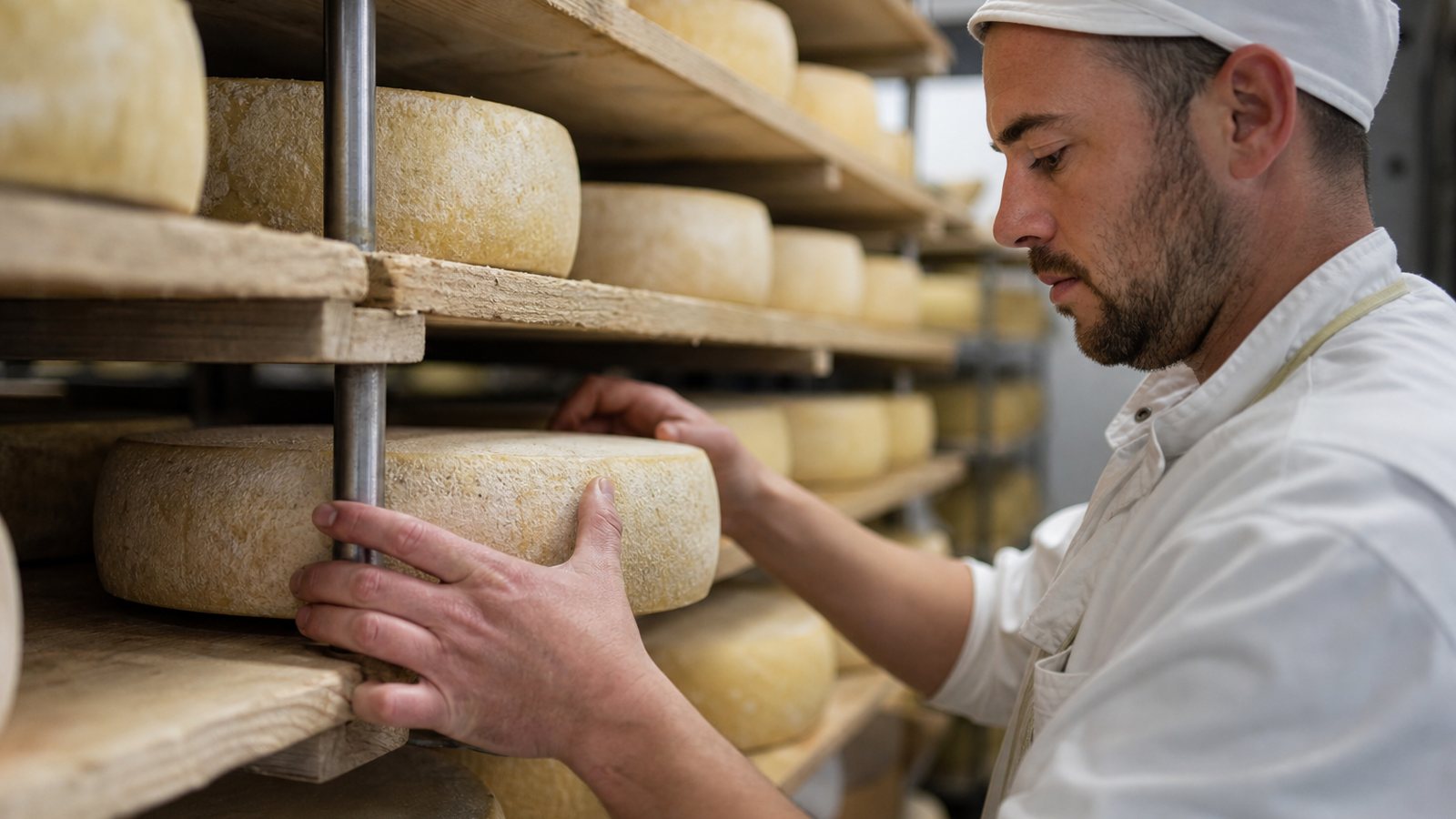 Fromager retournant à la main des fromages sur les planches de la cave