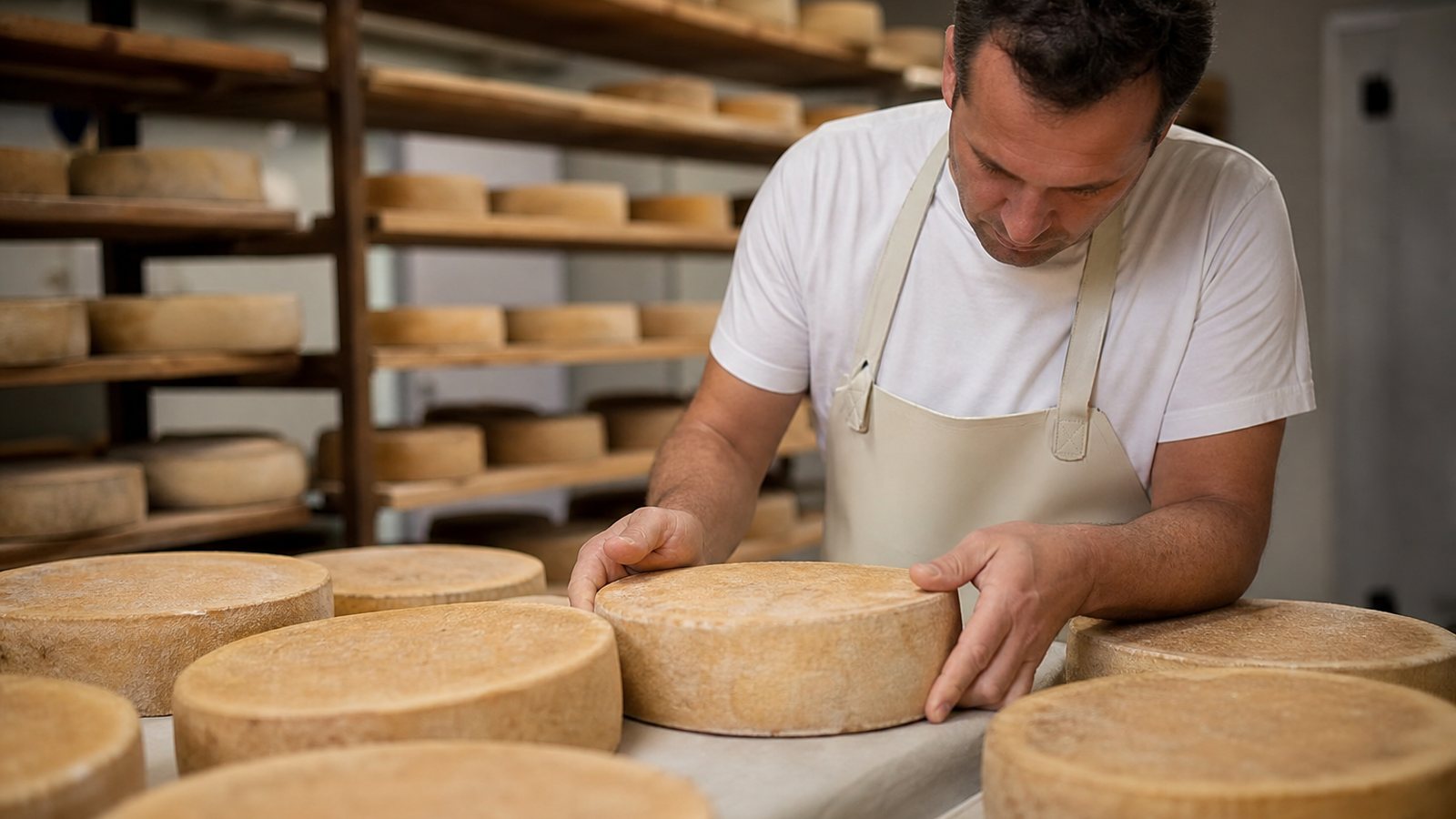 Meules de fromage étiquetées par lot dans une fromagerie artisanale