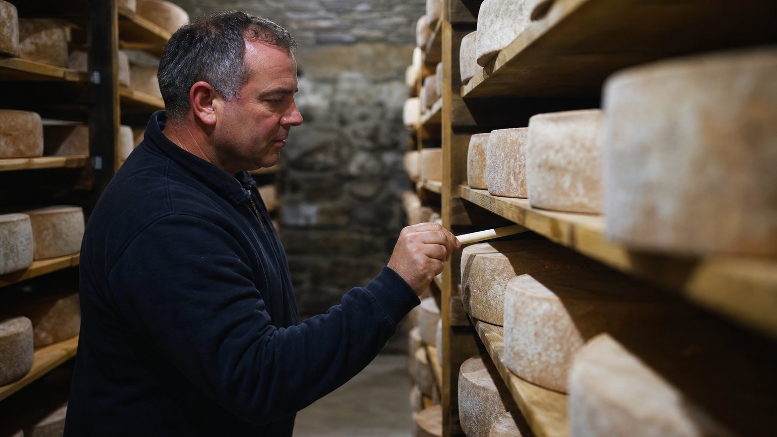 Thermomètre et hygromètre fixés au mur d'une cave d'affinage de fromages