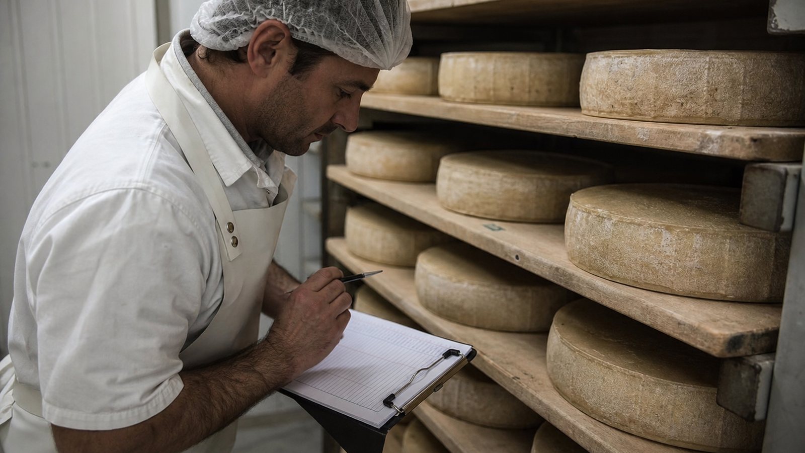 Fromager consultant un registre de traçabilité dans son atelier